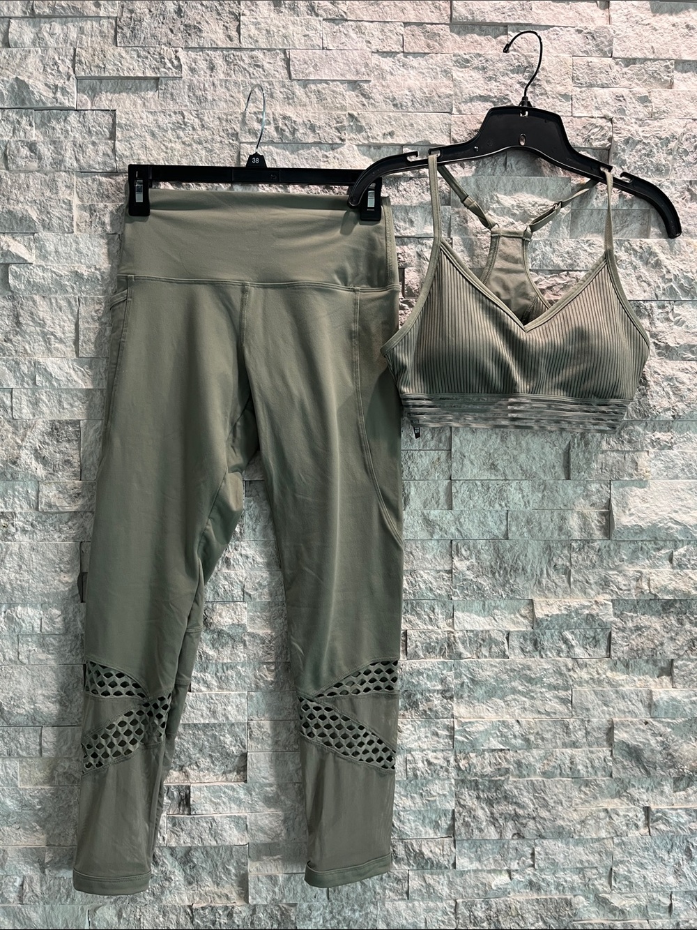 PINK Victoria's Secret Sage Green Leggings and Ribbed Sports Bra Set Sz-S